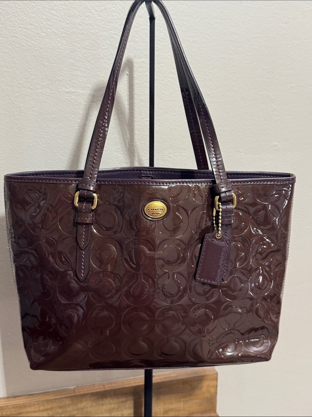 Coach Brown Patent Embossed Signature Tote Bag Leather Shoulder Bag